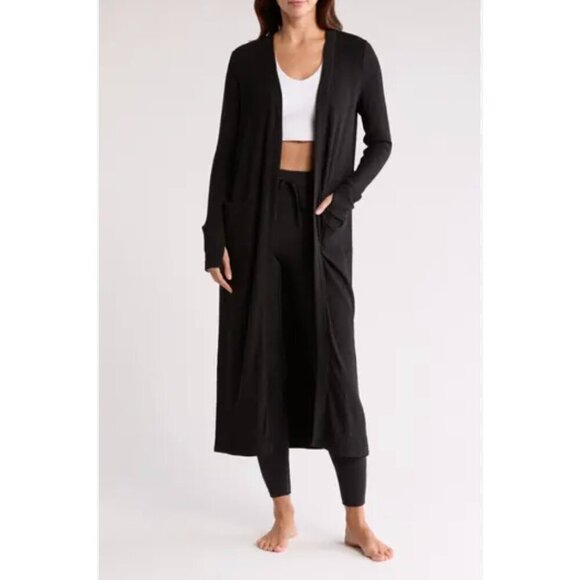 NWT YOGALICOUS Black Long Ribbed Side Slit Duster Length Lounge Cardigan, S - Picture 1 of 10